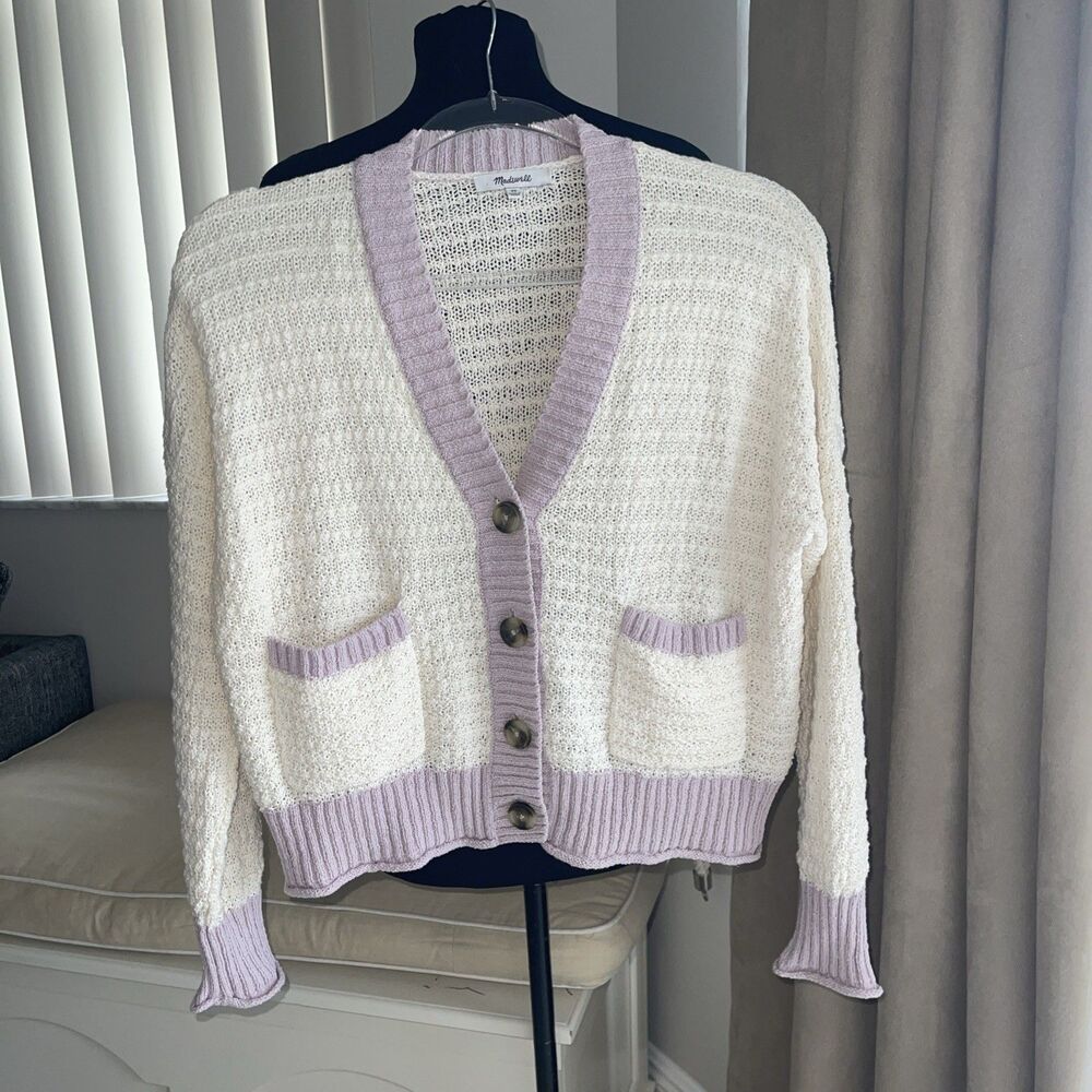 Madewell Oversized Crop  Cardigan Sweater  XS Cream Pale Lilac - Picture 3 of 9